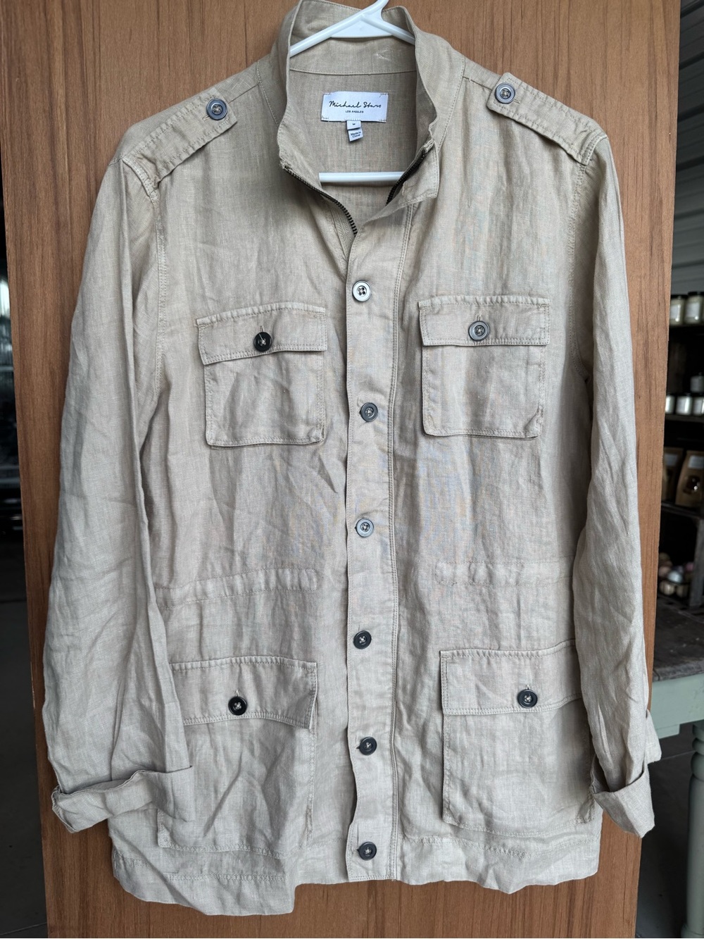 Michael Stars 100% Linen Utility Safari Jacket Women’s M Beige Tan Button Front